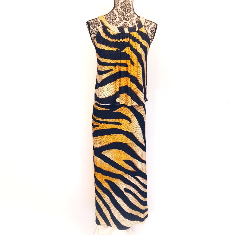 CHICO'S Maxi Dress Sleeveless Halter Neck Overlay Top Tiger Print Stretch 3 2X - Picture 2 of 5